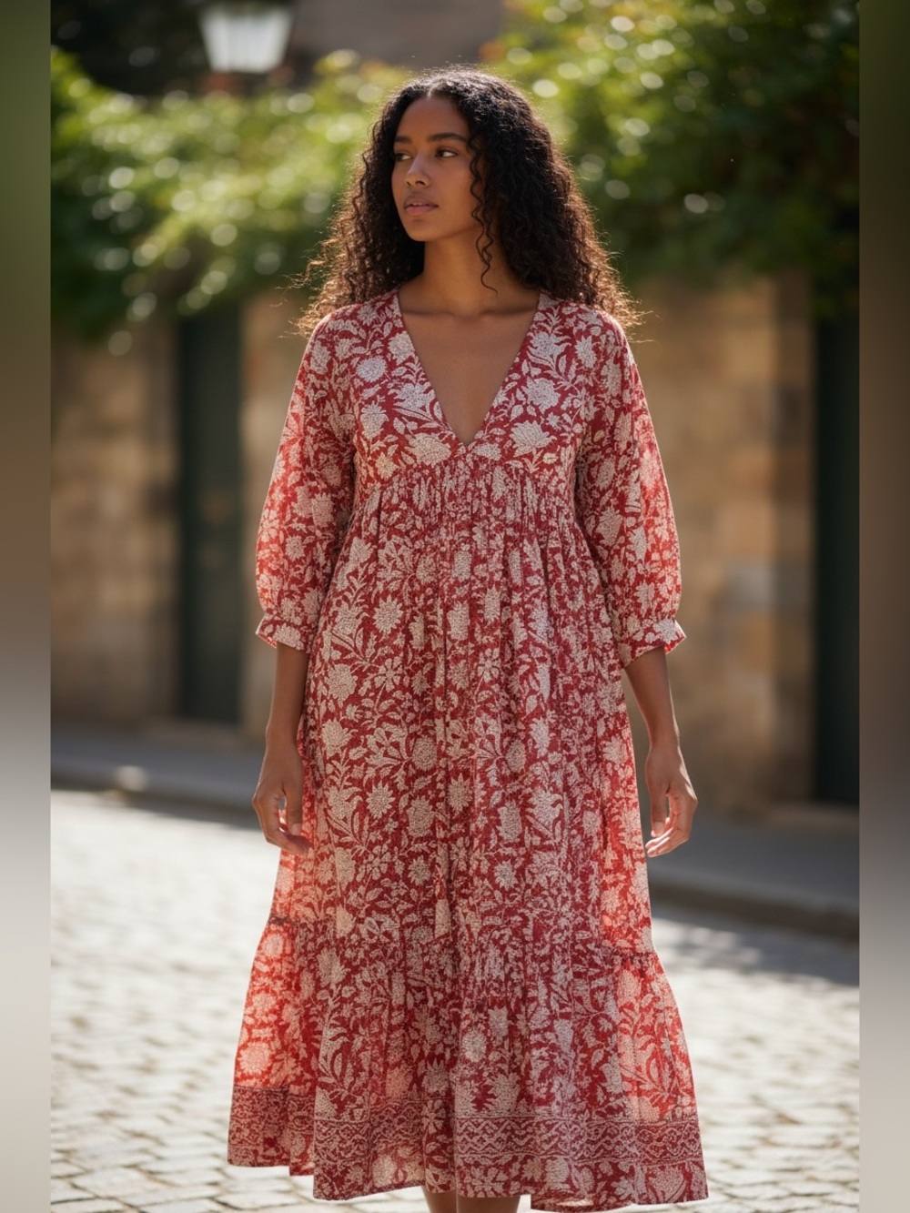 Daughters Of India Beautiful Flowy Red & White Long Sleeve Dress